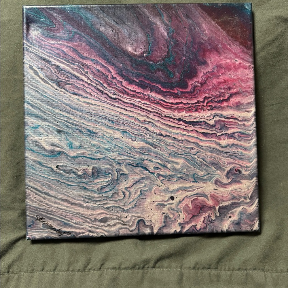 Abstract Acrylic Canvas Art with Metallic Pink and Blue Swirls